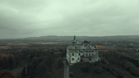 Aerial View Drone Flight Around of Old Fairytale Castle on the Hill in Ukraine