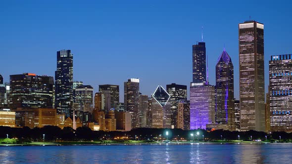 Chicago Skyline By Night  View From Lake Michigan