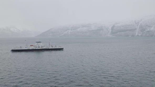 Ferry boat sailing on the coast of Norway. Olderdalen to Lyngseidet