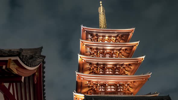 Ancient Senso-Ji Temple Pagoda At Night In Asakusa, Tokyo, Japan. - hyperlapse