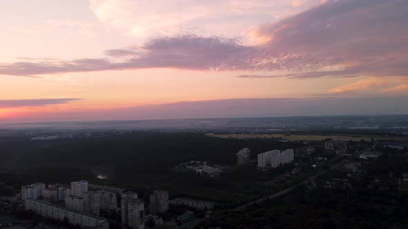 Aerial Kharkiv city, Pavlove Pole district sunrise