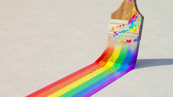 Paintbrush leaving stripe of colorful paint on a white wall. Lgbt symbol. 4KHD