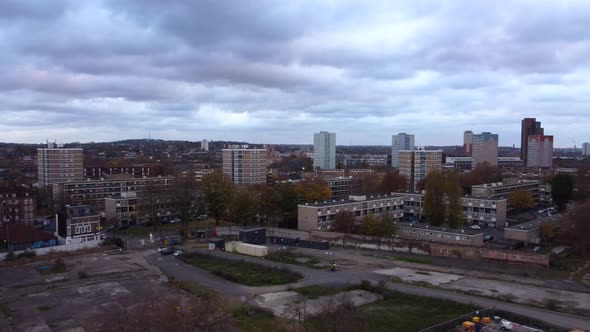 Aerial view East London council estate with high rise apartment blocks