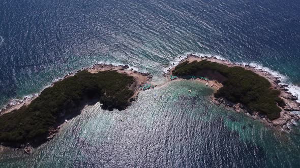 Idyllic Tropical Coastline Aerial View Paradise Beach in Albania Ksamil Beautiful Island in Bay of