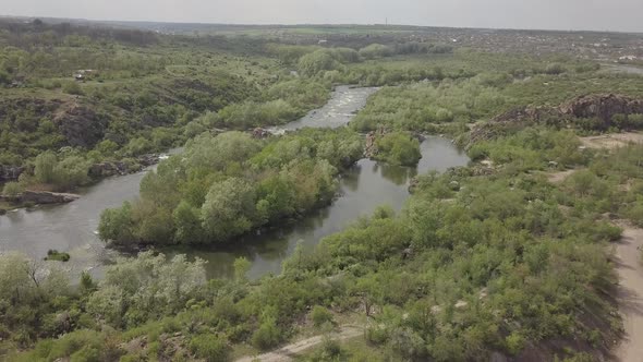 Aerial Rocky Landscape on Southern Bug River with Rapids. Ukraine