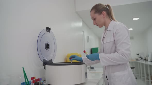 A Medical Laboratory Technician Puts Serum Samples Into a Machine for Analysis