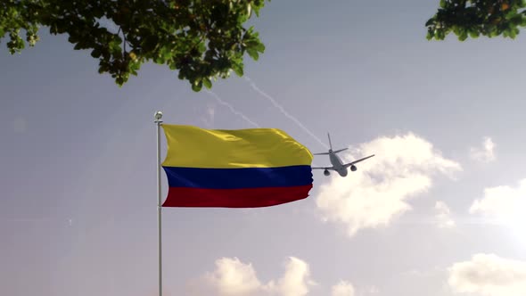 Colombia Flag With Airplane And City -3D rendering