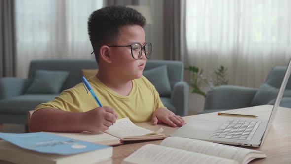 Asian Little Boy Having Video Call, Learn Online. Child Use Laptop Makes Notes