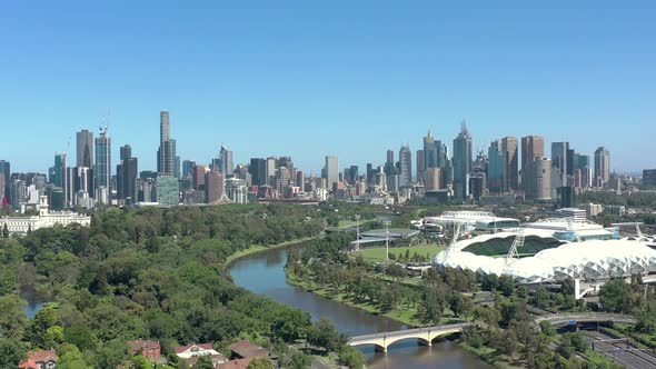 Melbourne City Australia and Yarra River Aerial Reveal