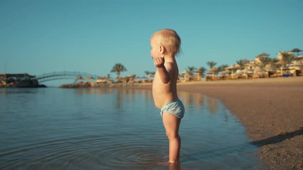 Cute Little Baby Boy Walking Along Sunny Coastline at Summer Day.