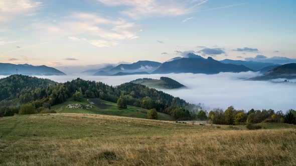 Foggy Morning with Clouds Moving over Country with Sheep Farm Before Sunrise in Autumn Mountains