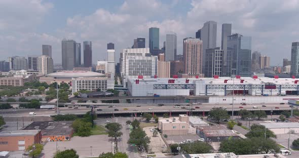 Drone view of downtown Houston skyline and surrounding area. This video was filmed in 6k and down sc