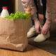 A woman walks home and places a paper bag from a grocery store on the floor - VideoHive Item for Sale