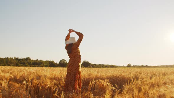 Pregnant woman in the rays of the sunset in the field