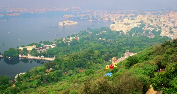 Aerial View of Lake Pichola with Lake Palace Jag Niwas and Udaipur City