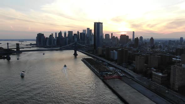 Drone Flying Over Manhattan Against Sky