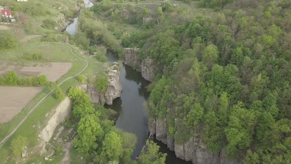 Aerial View To Granite Buky Canyon on the Hirskyi Takich River in Ukraine