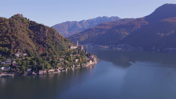 Flying Towards Morcote Municipality of Switzerland on the Shores of Lake Lugano