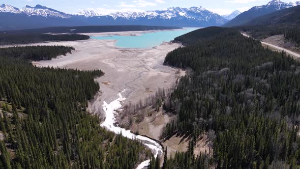 Aerial View Of Abraham Lake and trees In Alberta Canada