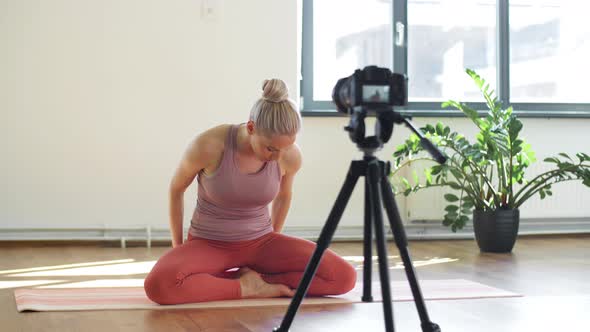 Woman or Blogger Recording Gym Yoga Class Video