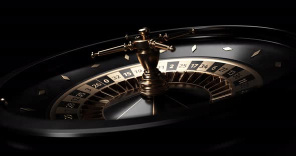 Animated Modern Black And Golden Roulette Wheel On Black Background. 3D 4K Video.