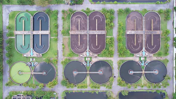 Aerial view High angle view Top down drone shot of the sewage treatment plant