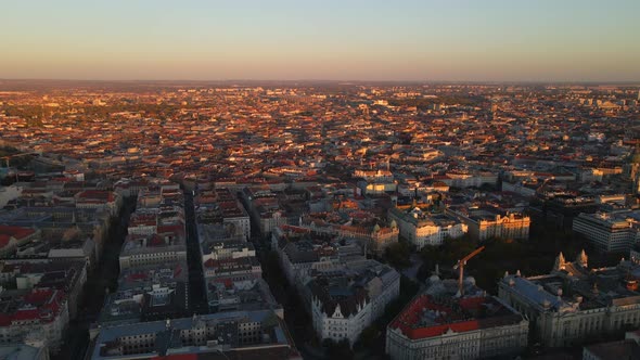 The sun sets over the Pest side of Budapest Hungary