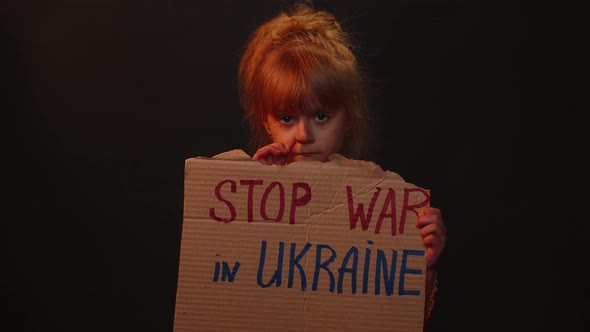 Homeless Girl Kid Showing Cardboard Massage Hands Off Ukraine Crisis War No Peace Stop Aggression