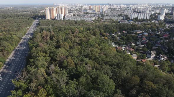 Aerial View of the Border of the Metropolis and the Forest. Kyiv, Ukraine