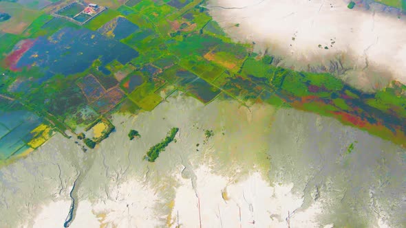 Aerial landscape view of sandy wetland in rural Bangladesh, drone shot