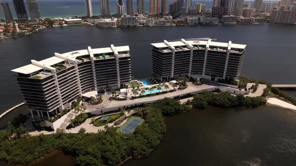 Aerial video Prive Island Aventura luxury waterfront condos. 5k drone clip