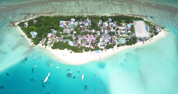 Tropical drone copy space shot of a sunshine white sandy paradise beach and aqua blue ocean backgrou