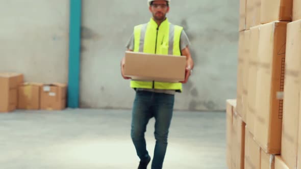 Warehouse Worker Carrying Cardboard Box in the Warehouse