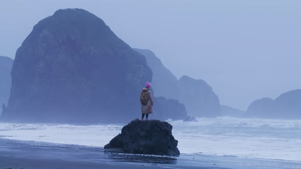 Slow Motion of Happy Traveler Woman on Sea Rock and Rising Hands at Beach Shore