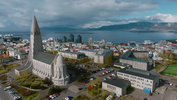 Aerial View of the Hallgrimskirkja Church in Reykjavik