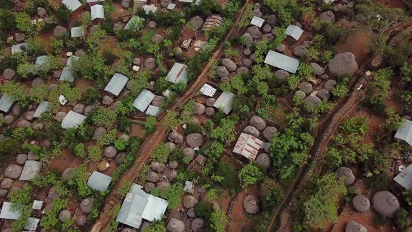 Traditional Konso town in Ethiopia, buildings and roads. Amazing birds eye view over UNESCO Cultural