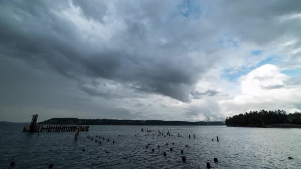 Time lapse of a storm systeming north over Puget Sound and the Tacoma Narrows Bridge