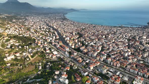 Colorful Panorama over the city Aerial View 4 K Alanya Turkey