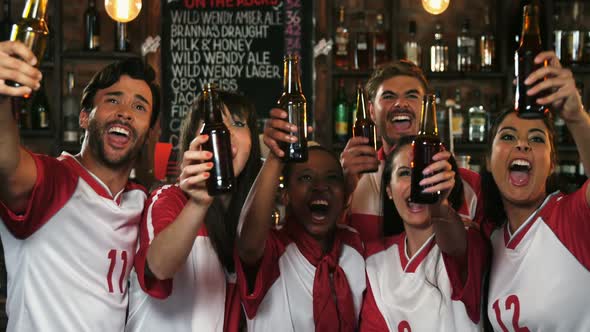 Friends cheering while having beer at bar counter