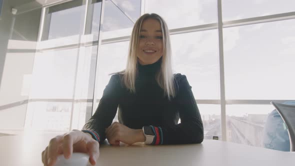 POV of Cheerful Woman Talking on Video Call in Office