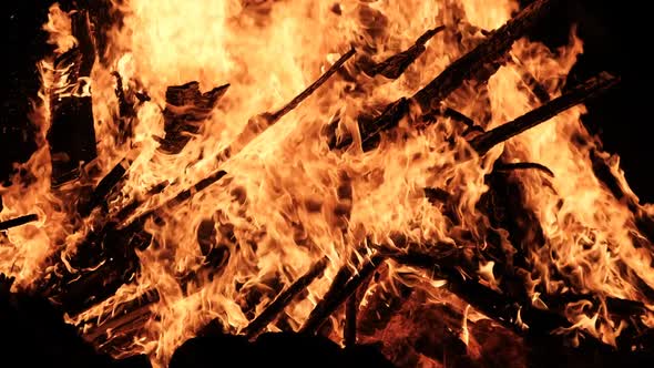 Big Bonfire Burns at Night in Slow Motion on a Black Background on Nature