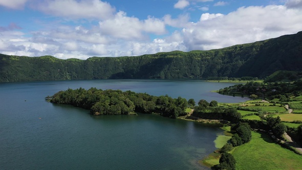 A picturesque lake in the crater of the volcano. Azores.