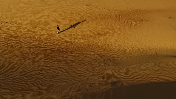 Aerial view above of a man walking alone in the dunes of Sharjah desert, U.A.E.