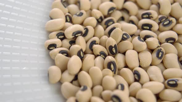 Kidney black eyed beans in white plate close up. Dry uncooked legumes. Macro