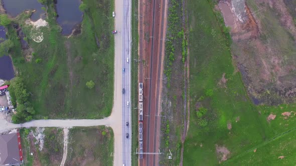 View From the Drone on the Railway Tracks Along Which the Locomotive Moves