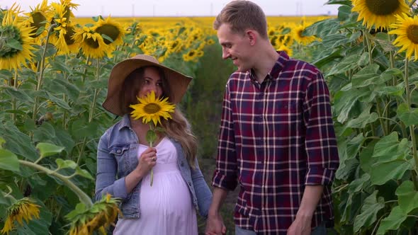 Man and Pregnant Woman in a Sunflowers Field