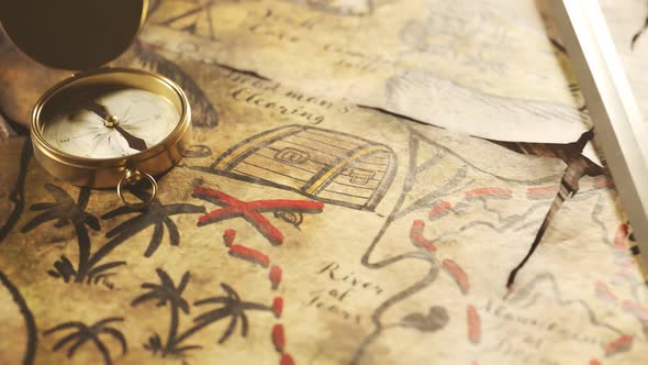 Old, worn handmade treasure map on a cartoon tavern table with sword and compass
