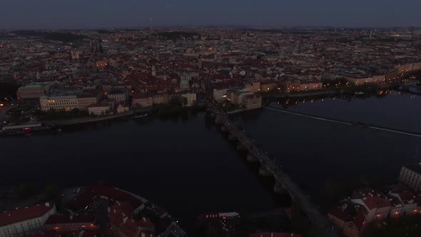 Aerial View of Prague and Charles Bridge in the Dusk