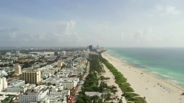 Aerial Downward Motion Descent Miami Beach Ocean Drive View