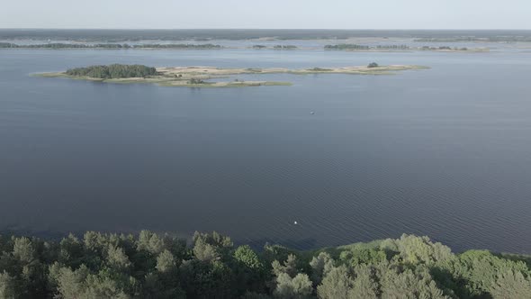 Dnipro River. Aerial View. Ukraine. Slow Motion, Flat, Gray